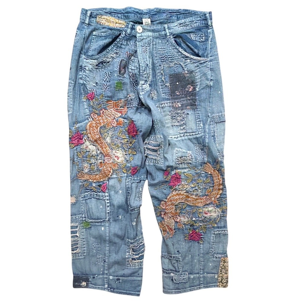 Magnolia Pearl Love Supply Co Patchwork Distressed Dragon Embroidery Jeans Blue